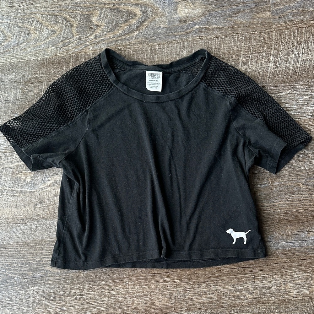 PINK Victoria's Secret Black Crop Top with Mesh Sleeves